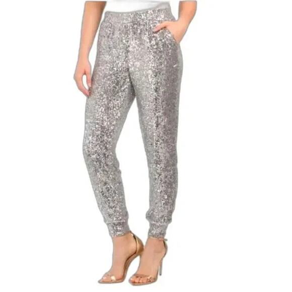 Cable & Gauge Sequin Jogger WMNS S Champagne Statement Pants Sparkle Glamour - Picture 1 of 14